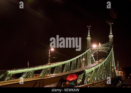 Horizontale Ansicht der Szabadság híd oder Liberty Bridge bei Nacht in Budapest. Stockfoto