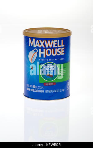 Ungeöffnete können von Maxwell House Kaffee auf weißem Hintergrund entkoffeiniert, Ausschnitt USA Stockfoto