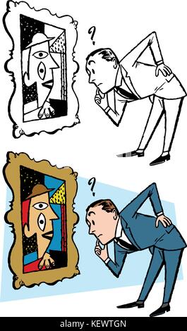 Einen verwirrten Mann untersucht ein kubistisches Gemälde in einem Museum. Stock Vektor