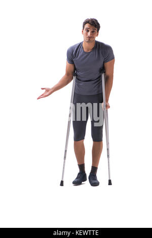 Junge Patientin Sportler Sportler leiden eine Verletzung Trauma mit Krücken isoliert auf weißem Stockfoto