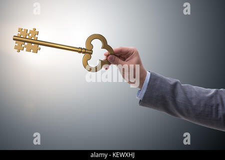 Geschäftsmann mit Schlüssel und Puzzle Stücke Stockfoto