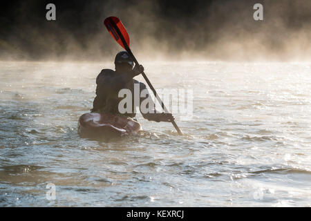 Vorderansicht des kayaker Paddeln auf nebligen Snake River, Jackson Hole, Wyoming, USA Stockfoto