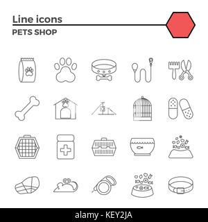 Haustiere Shop Thin Line ähnliche Symbole gesetzt auf weißem Hintergrund. Einfache Mono Linear Piktogramm Pack Hub Vector Logo Konzept für Webgrafiken. Stock Vektor