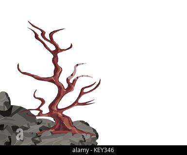 Landschaft. Eine gekrümmte Baum ohne Blätter auf einem Felsen unter den Steinen. Eiche, Kirsche, Sakura. Abbildung Stock Vektor