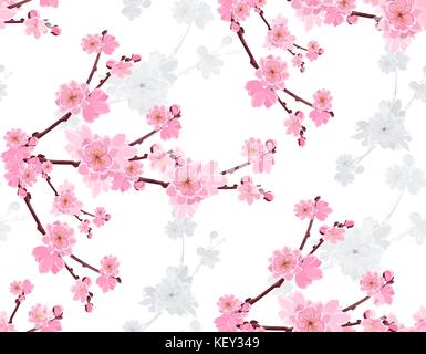 Sakura. Zweig mit sanften Blumen und üppiger cherry Knospen. Farbige und Grau. nahtlos und ohne Gitter und Gradient. Abbildung Stock Vektor