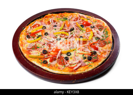 Leckere Pizza auf Holz Fach Stockfoto