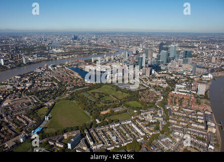 Ein Luftbild von London von der Südspitze der Insel Hunde in Richtung auf die Stadt Stockfoto