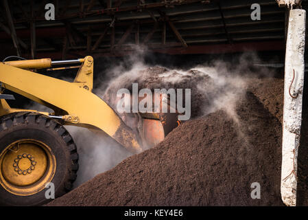 Ein Traktor churning einen großen Haufen dampfender Kompost. Stockfoto