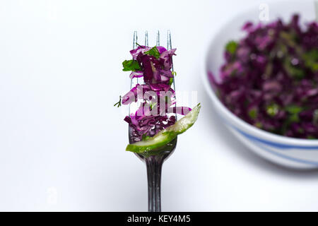 Rotkohl krautsalat Salat mit Gabel - gesunde Ernährung, Entgiftung, vegan, Vegetarisch, Gemüse Frühjahr Salat, kopieren Platz für Text Stockfoto