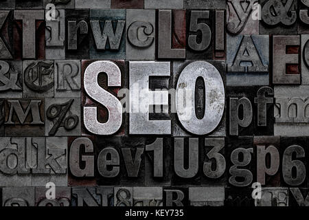 Die Buchstaben seo aus alten Metall Buchdruck - Search Engine Optimization Stockfoto