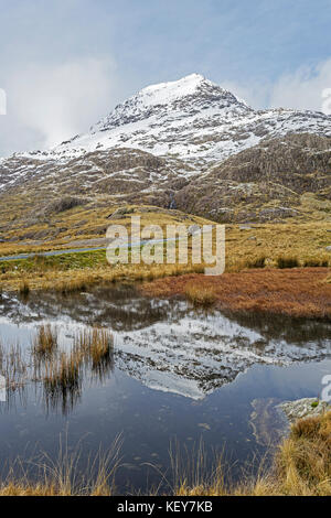 Krippe Goch (Rot Ridge) Teil der Snowdon Horseshoe im Schnee in einem Pool neben der Bergleute Track Snowdonia National Park in Nordwales wider abgedeckt Stockfoto