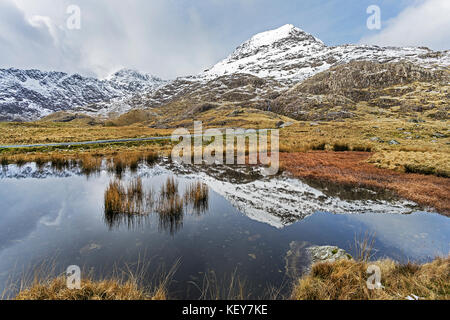 Krippe Goch (Rot Ridge) Teil der Snowdon Horseshoe im Schnee in Pool neben dem Bergleute Track mit Mount Snowdon Gipfels im Hintergrund spiegelt abgedeckt Stockfoto