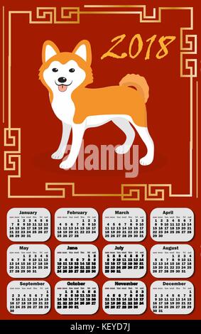 Kalender 2018 im asiatischen Stil mit Hund und chinesische Rahmen. Woche beginnt ab Montag. Vorlage für Ihr Design auf einem roten Hintergrund. Chinesisches Neujahr Konzept. Vector Illustration. Stock Vektor