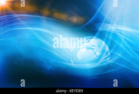 Grafische digitale Technologie Hintergrund, winken, die um die Erde Globus. Stockfoto