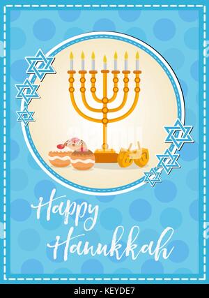 Happy Hanukkah Greeting Card, Flyer, Plakat. Vorlage für Ihre Einladung Design. Mit Menora, sufganiyot, Bunting, Dreidel, Münzen, Öl. jüdische Feiertag. Vector Illustration. Stock Vektor