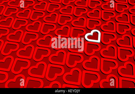Ein weißes 3d Herz in 3d rote Herzen Muster Hintergrund Stockfoto