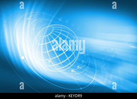 Global Business Hintergrund, mehrere Kreise durch Kurven und Punkte rund um das Grid Globus verbunden. Stockfoto
