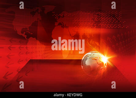 Grafische digitale Welt Nachrichten Hintergrund, Earth Globus auf einer Bühne vor der Roten warme Farbe Thema Kulisse mit digitale Landkarte. Stockfoto