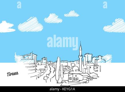 Tirana, Albanien berühmte Skyline Skizze. Lineart Zeichnung von Hand. Grußkarte Symbol mit Titel. Vector Illustration Stock Vektor