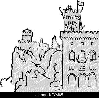 San Marino berühmten Reisen Skizze. Lineart Zeichnung von Hand. Grußkarte Design, Vektor, Abbildung Stock Vektor