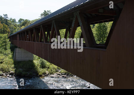 Holz- überdachte Brücke überquert eine beschäftigte Stream im Sommer. Stockfoto