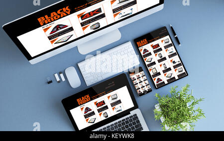 Blaue geräte Draufsicht schwarzer Freitag, 3D-Rendering. Stockfoto