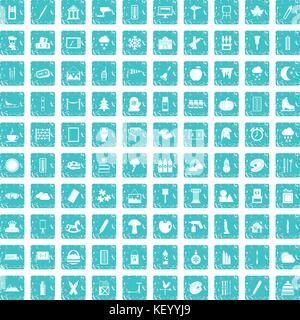 100 Zeichnung Icons Set grunge Blau Stock Vektor