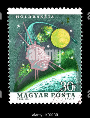 Gestempelte Briefmarke, gedruckt von Ungarn, die Satellit zeigt. Stockfoto