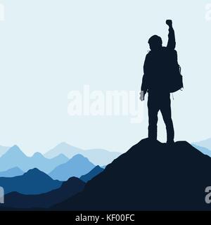 Vector Illustration einer Berglandschaft mit einer realistischen Silhouette einer Kletterpflanze, die sich oben auf einem Felsen mit einer gewinnenden Geste unter einem blauen Himmel Stock Vektor