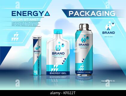 Energie realistisch gesetzt Mock up. energy drink, Gel und Tabletten Produkt Verpackung. Vector3d label Design Stock Vektor