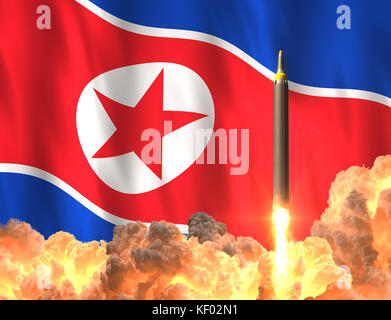 Rocket Launch auf dem Hintergrund der nordkoreanische Flagge Stockfoto