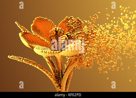 Gold digitale Blume zerfällt, um 3D-Pixel Stockfoto