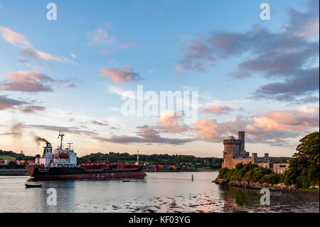 MV Stolt Egret Segel Vergangenheit Blackrock Castle gerade von Tivoli Oil Terminal auf dem Fluss Lee, Cork, Irland, mit Kopie Raum zog. Stockfoto