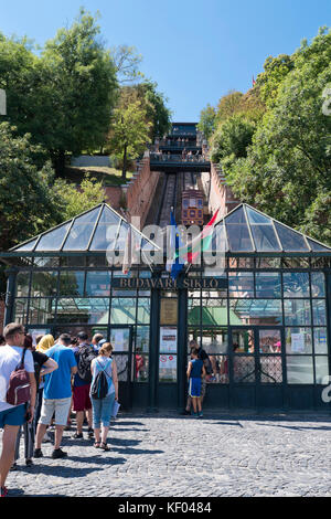 Vertikale Ansicht der Standseilbahn Ticket Office in Budapest. Stockfoto