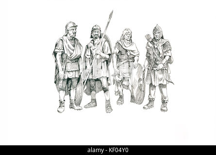 Hadrian's Wall. Wiederaufbau Zeichnung von vier Soldaten in voller Uniform. An Philip Corke. c 1985 - c 2000 Hadrian zugeschrieben. Stockfoto