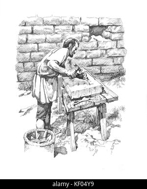 Hadrian's Wall. Wiederaufbau Zeichnung eines zweiten Jahrhundert Steinmetz bei der Arbeit, Erstellung eines eingeschrieben Tablet. Basierend auf tjhe Tablet in einstellen Stockfoto