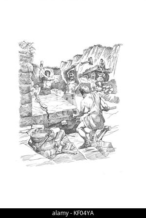 Hadrian's Wall. Wiederaufbau Zeichnung von Soldaten, die Gewinnung von Steinen und Erden für Stein. Lage auf walltown Craggs Revolver. Von Philip Corke. Gezeichnet Hadrian Stockfoto