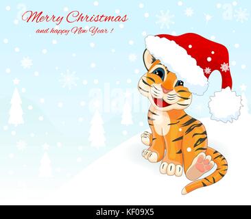 Kleiner Tiger Cub 1. Weihnachten Karte mit einem kleinen Tiger Cub. Grußkarte mit einem Tiger. Kleiner Tiger mit einem Weihnachtsmann Hut auf einem Winter Hintergrund. Stock Vektor