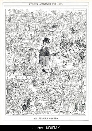 Das Ende des Jahrhunderts, Punch-Cartoon von 1900. Cartoon von E. J. Wheeler. Darstellung sportlicher, politischer und gesellschaftlicher Ereignisse am Ende des Jahrhunderts. Stockfoto