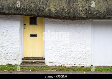 Gelb Holz Haustür in einem strohgedeckten Häuschen in Singleton, West Sussex, England Stockfoto