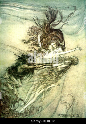 Das Rheingold / Das Rheingold von Richard Wagner. Die Rheintöchter necken Alberich, der Chef der Rasse der Nibelungen. Abbildung von Arthur Rackham 1867 - 1939. Bildunterschrift: "Die Rhine-Maidens necken Alberich". Szene 1. Von "Der Ring cycle'/'Der Ring des Nibelungen'. RW-deutsche Komponist & Autor, 22. Mai 1813 - vom 13. Februar 1883. Stockfoto