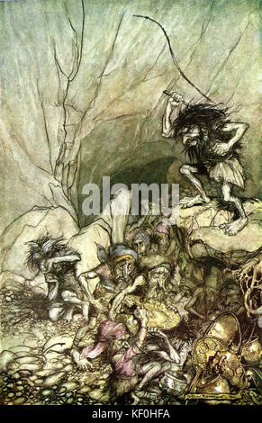 Das Rheingold / Das Rheingold von Richard Wagner. Alberich, der König der Rasse der Nibelungen, treibend eine Gruppe seiner Zwerg Themen. Abbildung von Arthur Rackham 1867 - 1939. Bildunterschrift: "Alberich Festplatten in einem Band der Nibelungen, beladen mit Gold und Silber Schatz"-Szene 3. Von "Der Ring cycle'/'Der Ring des Nibelungen'. RW-deutsche Komponist & Autor, 22. Mai 1813 - vom 13. Februar 1883. Stockfoto