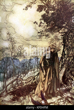 Die Walküre/Das walküre von Richard Wagner. Die Walküre Brünnhilde ist nach einem Gespräch mit Wotan, dem König der Götter deprimiert. Abbildung von Arthur Rackham 1867 - 1939. Bildunterschrift: "Brünnhilde steht für eine lange Zeit benommen und alarmiert" Handeln 2. Von "Der Ring cycle'/'Der Ring des Nibelungen'. RW-deutsche Komponist & Autor, 22. Mai 1813 - vom 13. Februar 1883. Stockfoto