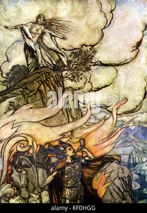 Der Götterdämmerung/Göttterdämmerung von Richard Wagner. Siegfried fährt auf der Suche nach Abenteuer in Verbindung mit Brünnhilde den Ring. Abbildung von Arthur Rackham 1867 - 1939. Bildunterschrift: Die "siegfriedkarte Blätter Brünnhilde auf der Suche nach Abenteuer "Vorspiel. Von "Der Ring cycle'/'Der Ring des Nibelungen'. RW-deutsche Komponist & Autor, 22. Mai 1813 - vom 13. Februar 1883. Stockfoto