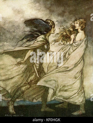 Der Götterdämmerung/Göttterdämmerung von Richard Wagner. Brünnhildes Schwester, Waltraute, drängt Sie den Ring auf die Rheintöchter zurückzukehren. Abbildung von Arthur Rackham 1867 - 1939. Bildunterschrift: "Der Ring in deiner Hand - … Ah, erfleht werden muß! Für Wotan schleudern Sie weg!" Handeln 1. Von "Der Ring cycle'/'Der Ring des Nibelungen'. RW-deutsche Komponist & Autor, 22. Mai 1813 - vom 13. Februar 1883. Stockfoto