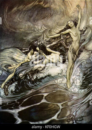 Der Götterdämmerung/Göttterdämmerung von Richard Wagner. Die Rheintöchter endlich wieder in den Ring und Hagen ertrinken, der Rhein seine Banken platzt. Abbildung von Arthur Rackham 1867 - 1939. Bildunterschrift: "Die Rhine-Maidens bekommen Besitz des Rings und Ertragen in Triumph" Akt 3. Von "Der Ring cycle'/'Der Ring des Nibelungen'. RW-deutsche Komponist & Autor, 22. Mai 1813 - vom 13. Februar 1883. Stockfoto