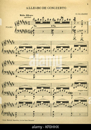 Enrique Granados Op. 39 'Capricho Espanol para Piano', herausgegeben von Union musikalische Espanola. Die erste Seite der Partitur, "Allegro de Concierto'. EG, der spanische Komponist, 27. Juli 1867 - 24. März 1916. Stockfoto