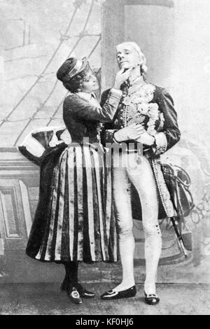 H.M.S. Schürze - Jessie Bond als Hebe und George Grossmith wie Sir Joseph Porter in der ersten Produktion der komischen Gilbert & Sullivan's Opera. Arthur Sullivan: englische Komponist, 13. Mai 1842 - 22. November 1900. W. S. Gilbert: Englischer Dramatiker, Librettist, Dichter und Illustrator, 18. November 1836 bis 29. Mai 1911. Stockfoto