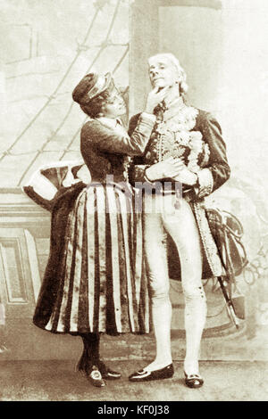 H.M.S. Schürze - Jessie Bond als Hebe und George Grossmith wie Sir Joseph Porter in der ersten Produktion der komischen Gilbert & Sullivan's Opera. Arthur Sullivan: englische Komponist, 13. Mai 1842 - 22. November 1900. W. S. Gilbert: Englischer Dramatiker, Librettist, Dichter und Illustrator, 18. November 1836 bis 29. Mai 1911. Getönte Ausführung. Stockfoto