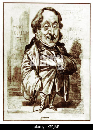 Gioacchino A. Rossini - Karikatur von E. Carjat. Italienischer Komponist, 29. Februar 1792 - 13. November 1868. Plakatwand mit Namen seiner Opern hinter ihm - erfolgreicher Opernautor. Auch Gioachino Stockfoto